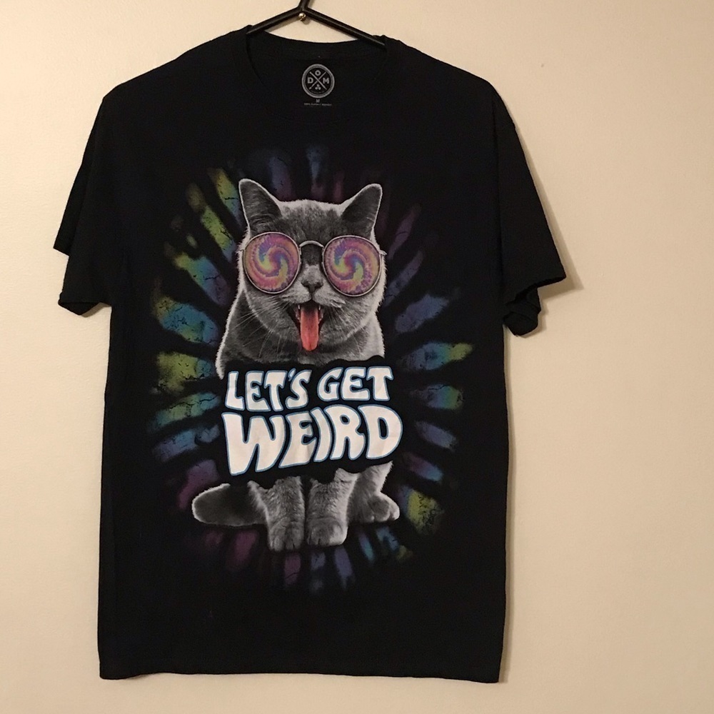 PSYCHEDELIC kitty “let’s get weird” T shirt.  Men’s medium. Black. Unisex.